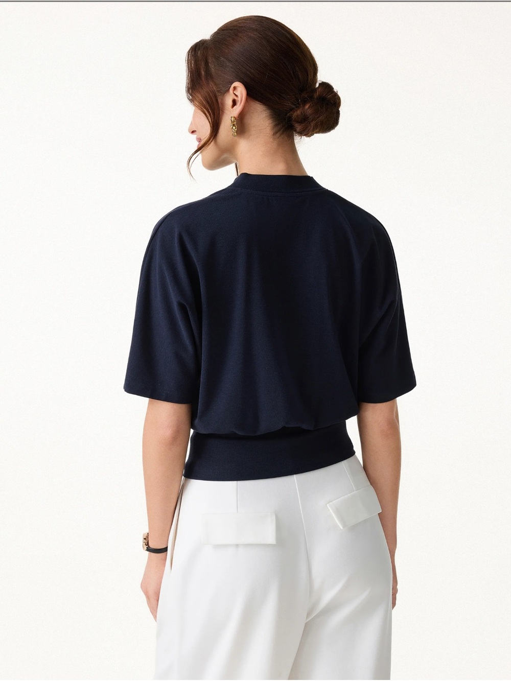 OGL Stand Collar V-neck Short Short Sleeve Top -Steel Blue - Picture 4 of 6